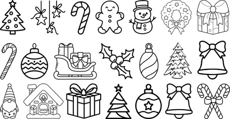 Fototapeta premium Christmas line icon set. New year, xmas, santa claus, christmas tree, holiday, gift, snowman, elf, angel. Outline vector icon in linear style. Conceptual pictogram collection.