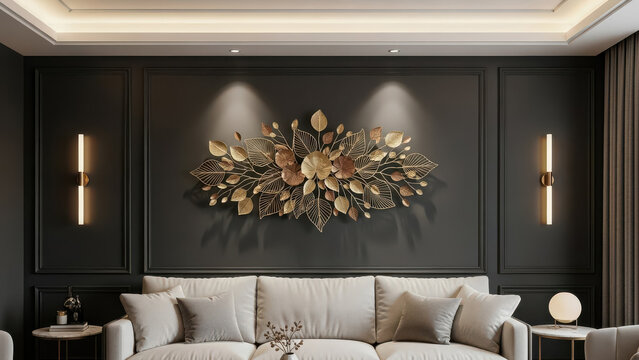Modern luxury living room interior with elegant gold metal leaf wall art and cozy sofa.
