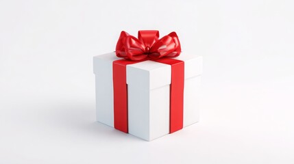 Obraz premium Elegant white gift box with striking red ribbon and bow against a clean white background.