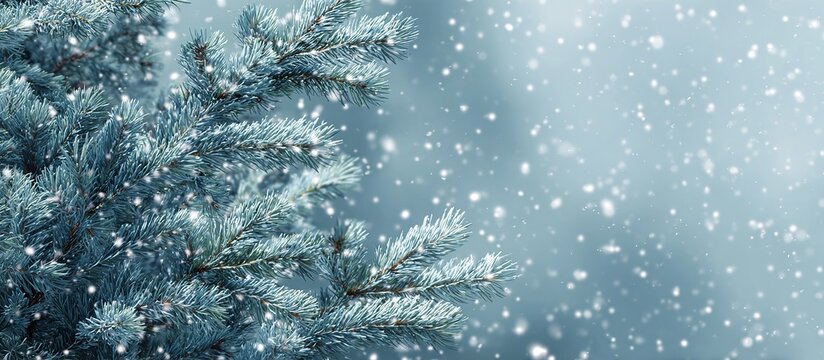 Close up of blue spruce tree branches with falling snow needles pine