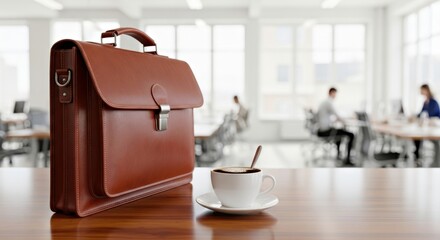 Brown leather briefcase placed on a wooden table beside a cup of coffee, with a modern office environment and blurred colleagues working in the background, showcasing a professional workspace