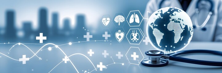 Futuristic medical technology and global health data visualization with stethoscope