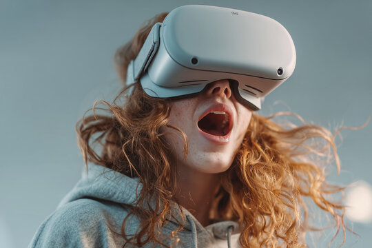 Young woman wearing a modern white VR headset against a light background, exploring virtual reality technology and immersive digital experiences