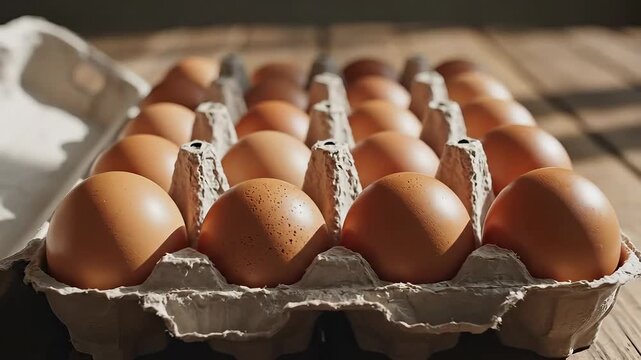 Fresh Brown Eggs in Cardboard Carton on Wooden Table with Natural Light.