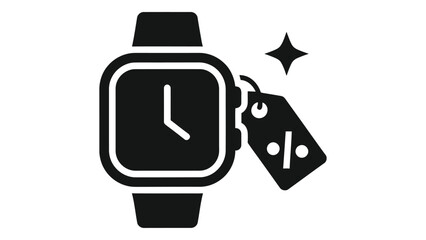 Smartwatch icon with a percentage discount tag and a star symbol, representing special offers on wearable technology dea
