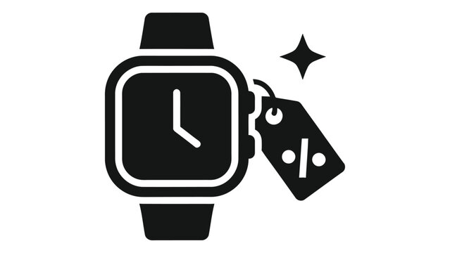 Smartwatch icon with a percentage discount tag and a star symbol, representing special offers on wearable technology dea