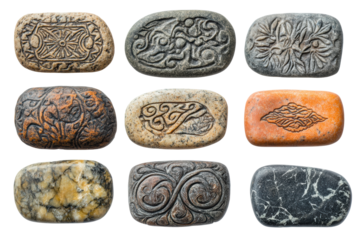 Collection of carved ancient rune stones
