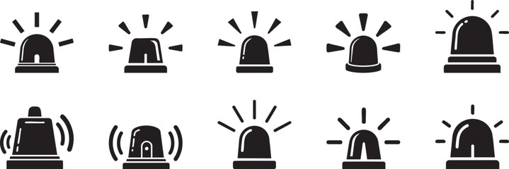 A collection different siren icons, each depicting a flashing light with radiating lines to symbolize emergency or alert.