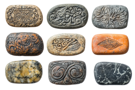 Collection of carved ancient rune stones
