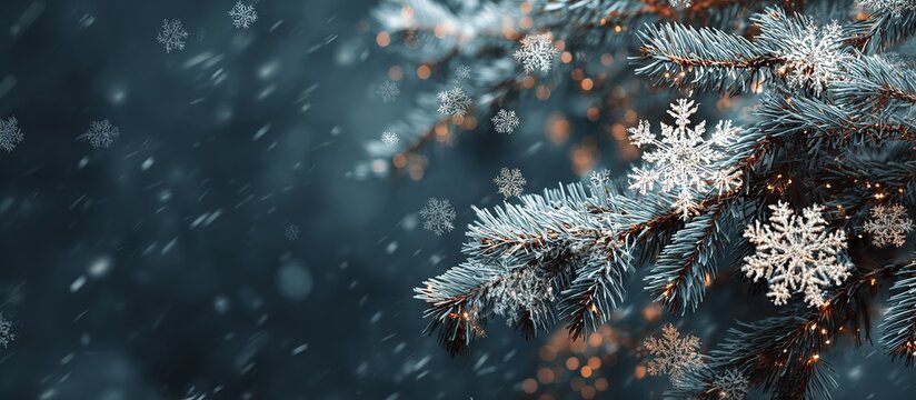 Close up of snowflakes falling on blue spruce branches with bokeh lights winter pine - Powered by Adobe