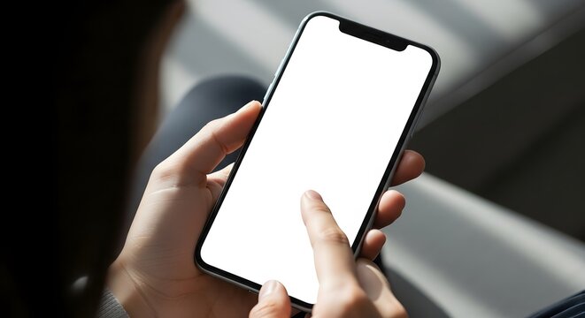 Close up of hands holding a modern smartphone with a blank white screen