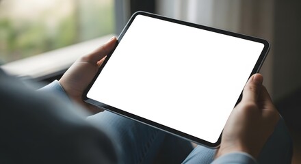 Person holding a blank white screen tablet device indoors with soft natural light
