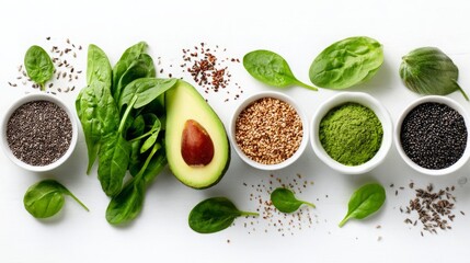 Healthy superfoods including avocado, spinach, seeds, and green powder on a white background.