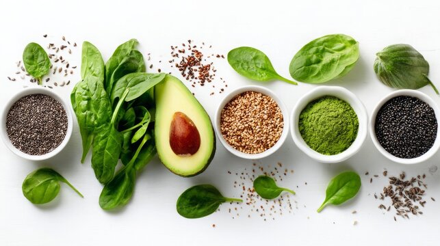 Healthy superfoods including avocado, spinach, seeds, and green powder on a white background.