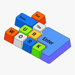 Colorful 3D Pixel Keyboard With Work Theme Keys. Colorful 3D pixel keyboard layout with playful arranged keys forming the word work in vibrant block style for digital design and creative concepts