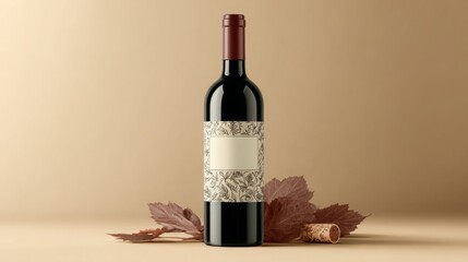Elegant wine bottle with intricate label design, surrounded by autumn leaves.