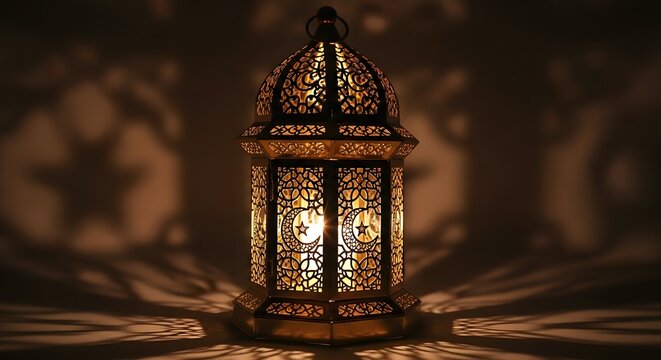 Intricate moroccan lantern illuminates with warm glow and decorative shadow patterns - Powered by Adobe