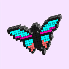 Colorful 3D Pixel Butterfly. Vibrant 3D pixel butterfly with bright wings in decorative block style for fantasy nature themes and creative digital art