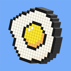 3D Pixel Fried Egg Illustration. Playful 3D pixel fried egg with white base and bright yellow yolk in fun block voxel style for food themed digital designs