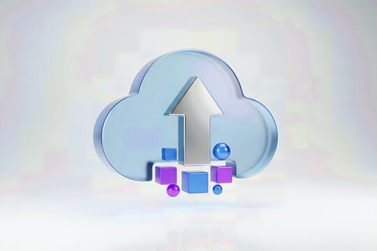 3D Cloud Icon Featuring an Upload Arrow with Geometric Shapes Representing Digital Data Transfer and Cloud Storage Concepts - Powered by Adobe