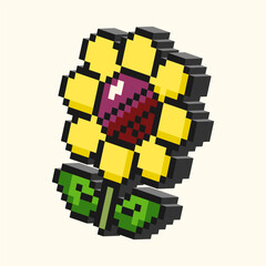 3D Pixel Sunflower With Red Center. Bright 3D pixel sunflower with yellow petals, red center, and green leaves in cheerful voxel block style for decorative floral digital artwork