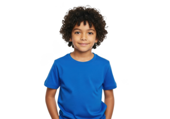 Young boy with curly hair wearing a blue tshirt isolated on transparent background