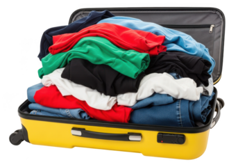 Open yellow suitcase packed with colorful folded clothes for travel or moving isolated on transparent background