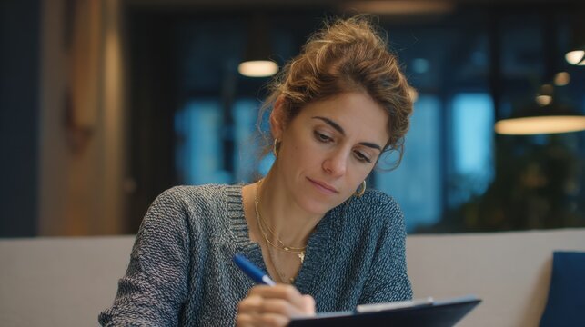Professional Woman Writing in Notebook in Cozy Modern Cafe