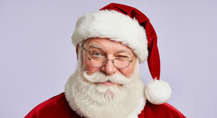 Naklejka premium Cheerful and friendly Santa Claus with a magnificent white beard winking playfully at thecamera in a festive holiday portrait