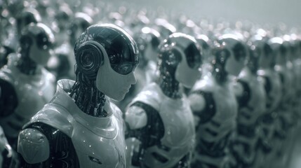 Row of futuristic humanoid robots standing in line in bright white laboratory light symbolizing artificial intelligence technology innovation and industrial automation concepts