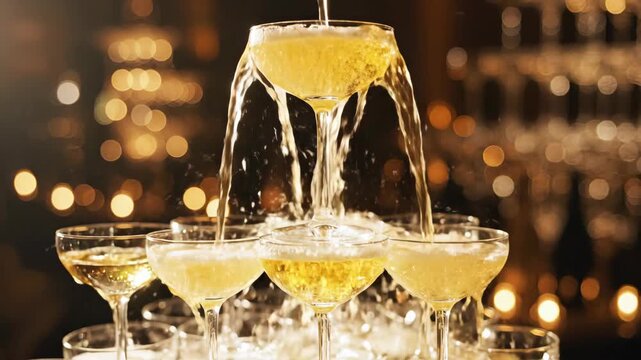 Sparkling golden champagne overflowing from the top glass of a tiered tower, cascading into crystal coupes with warm festive bokeh background.