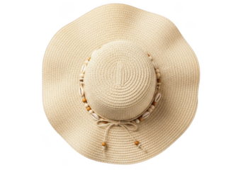 Top view of a woven straw sun hat with a decorative band and ties, isolated on transparent background