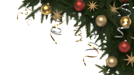 Green branches hold shiny ornaments and golden stars with flowing streamers.