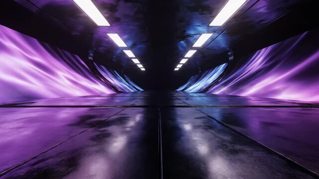 Seamless loop of futuristic polished metallic floor reflecting vibrant pulsing gradients of blue and magenta light across the dark ground vibrant colors, dynamic light effect, presentation