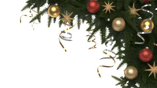 Green branches hold shiny ornaments and golden stars with flowing streamers.