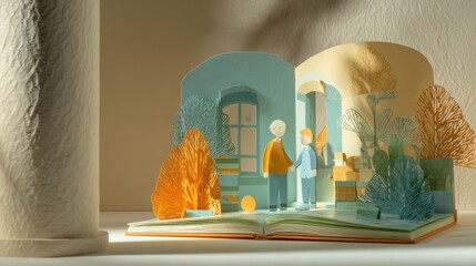 Creative paper art scene of elderly couple standing in front of house crafted from colorful cut shapes perfect for family storytelling and senior care illustrations
