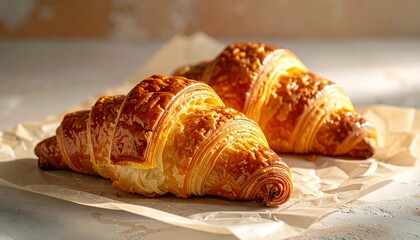 Freshly baked French croissants with flaky golden layers, placed on simple parchment paper, minimalist clean background