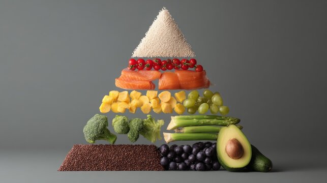 A balanced pyramid of healthy foods including grains, fruits, vegetables, and fish.