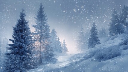 Naklejka premium Magical christmas winter landscape with snow-covered fir trees, soft glowing lights, frosted pine forest, and enchanting fairy tale atmosphere for holiday card scenery