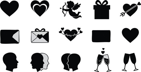 Valentine and love themed vector icons including hearts cupid gift envelope and champagne glasses for romantic celebration and affection