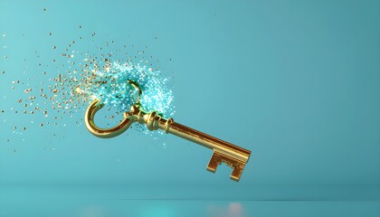 Golden key disintegrating into glowing particles