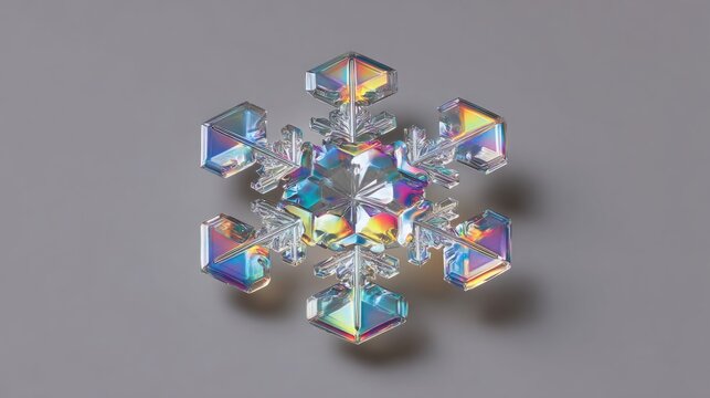 Close-up of a colorful, iridescent snowflake against a grey background. - Powered by Adobe