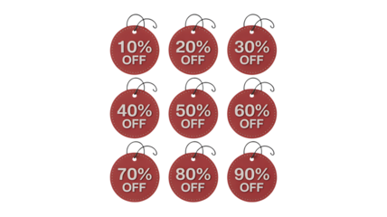 Multiple discount tags show varying percentages off.