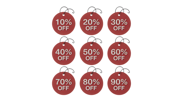 Multiple discount tags show varying percentages off.