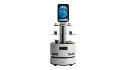A futuristic robot serves coffee and pastries on its multi level trays.