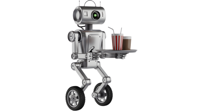 A wheeled robot stands ready holding a tray with two drinks.