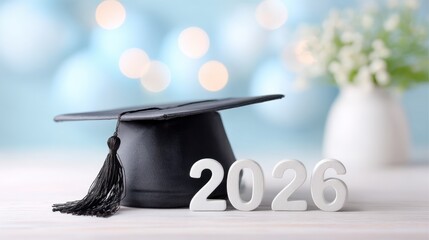 Graduation cap with tassel placed beside white numbers representing the year 2026, creating a celebratory atmosphere for academic achievements and future aspirations