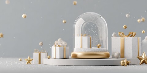 White and gold Christmas gifts and snow globe with falling snowflakes and ornaments present