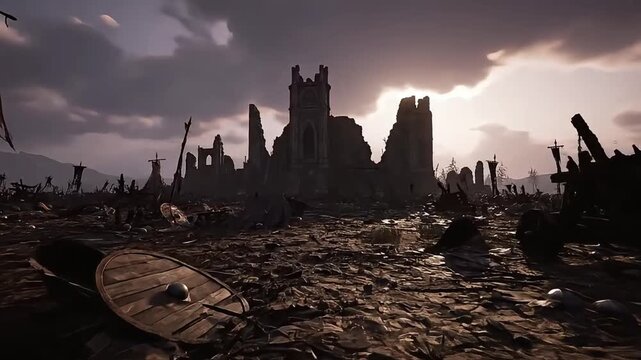 Desolate ruins of a medieval castle under a stormy, dramatic sky, evoking a sense of loss and history.