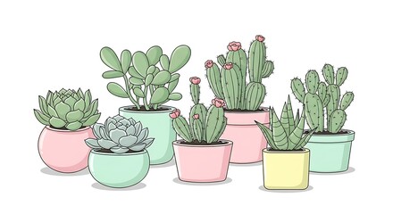 Obraz premium Handdrawn collection of cute succulent and cactus plants in colorful pastel pots isolated on a white background.